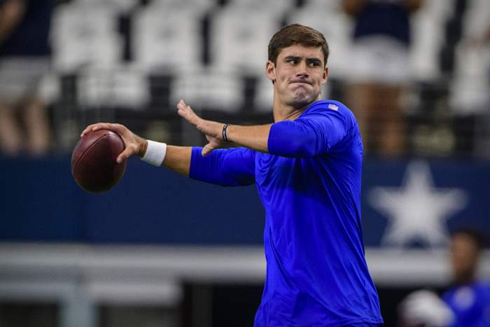Sep 8, 2019; Arlington, TX, USA; New York Giants quarterback Daniel Jones (8) warms up before the game against the Dallas Cowboys at AT&T Stadium.